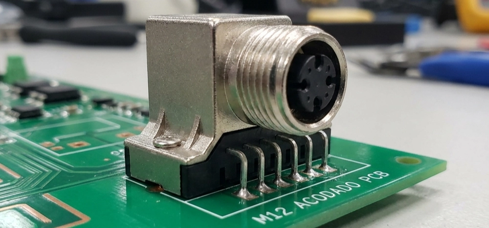 Base de conector M12 – acodada para montaje en placa de circuito impreso Base de conector M12 acodada para montaje en placa de circuito impreso