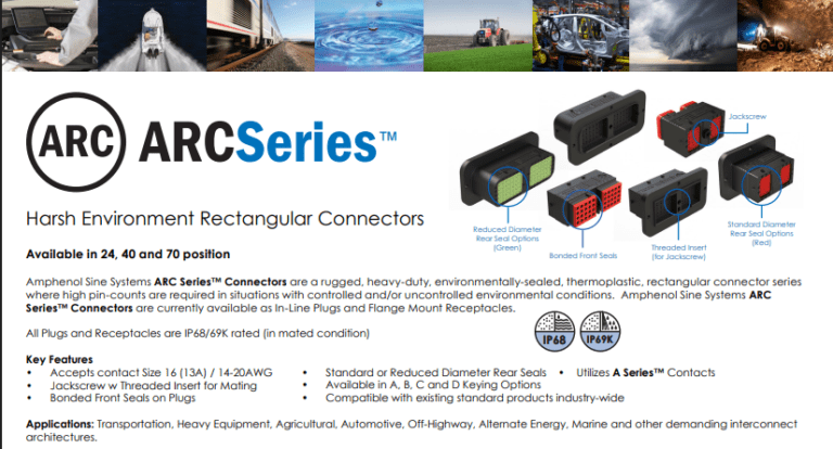 Conectores rectangulares Serie ARC™ (24, 40, 70 polos) (Amphenol Industrial – inglés)