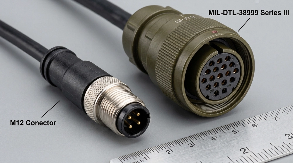 Conector M12 metálico junto a un conector militar MIL-DTL-38999 para comparar tamaño Conector M12 metálico junto a un conector militar MIL-DTL-38999 para comparar tamaño