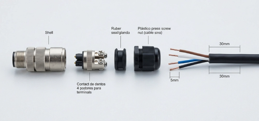 Conector M12 montable en campo desmontado, con sus piezas y el cable Conector M12 montable en campo desmontado, con sus piezas y el cable