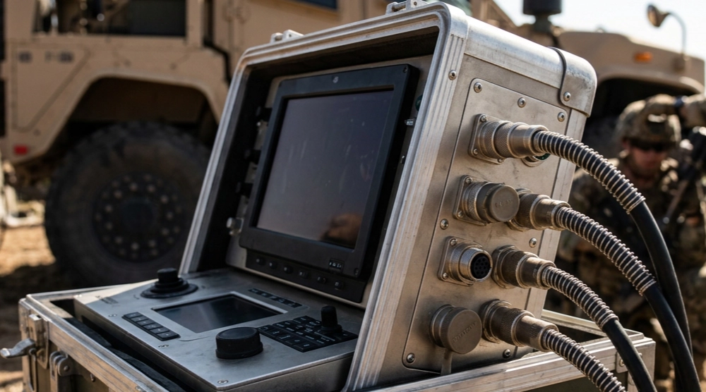 Conectores M12 metálicos en electrónica embarcada de un vehículo de defensa Conectores M12 metálicos en electrónica embarcada de un vehículo de defensa