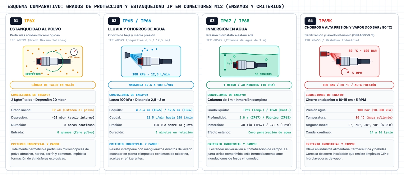 Grados de protección IP65, IP67, IP68 e IP69K en conectores M12