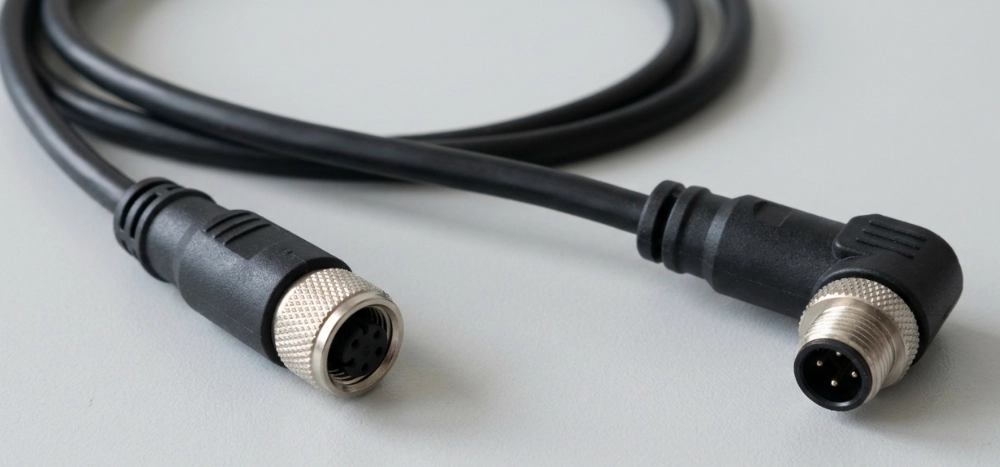 Latiguillo M12 sobremoldeado con conector macho recto y hembra acodado Latiguillo M12 sobremoldeado con conector macho recto y hembra acodado