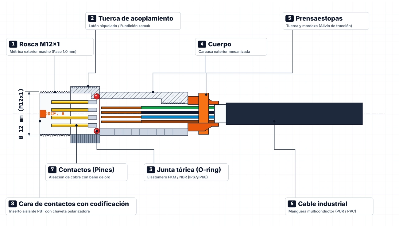 Partes de un conector M12-1300px Partes de un conector M12: rosca, tuerca de acoplamiento, contactos, junta y prensaestopas