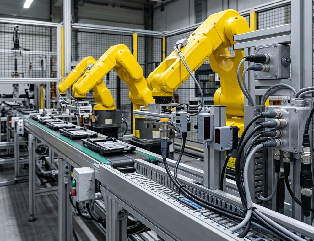 Sensores con conectores M12 – en una línea de automatización industrial Sensores con conectores M12 en una línea de automatización industrial